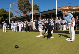 Kelly O'Dwyer bowling the first bowl at the 2011 Centenary Green Opening